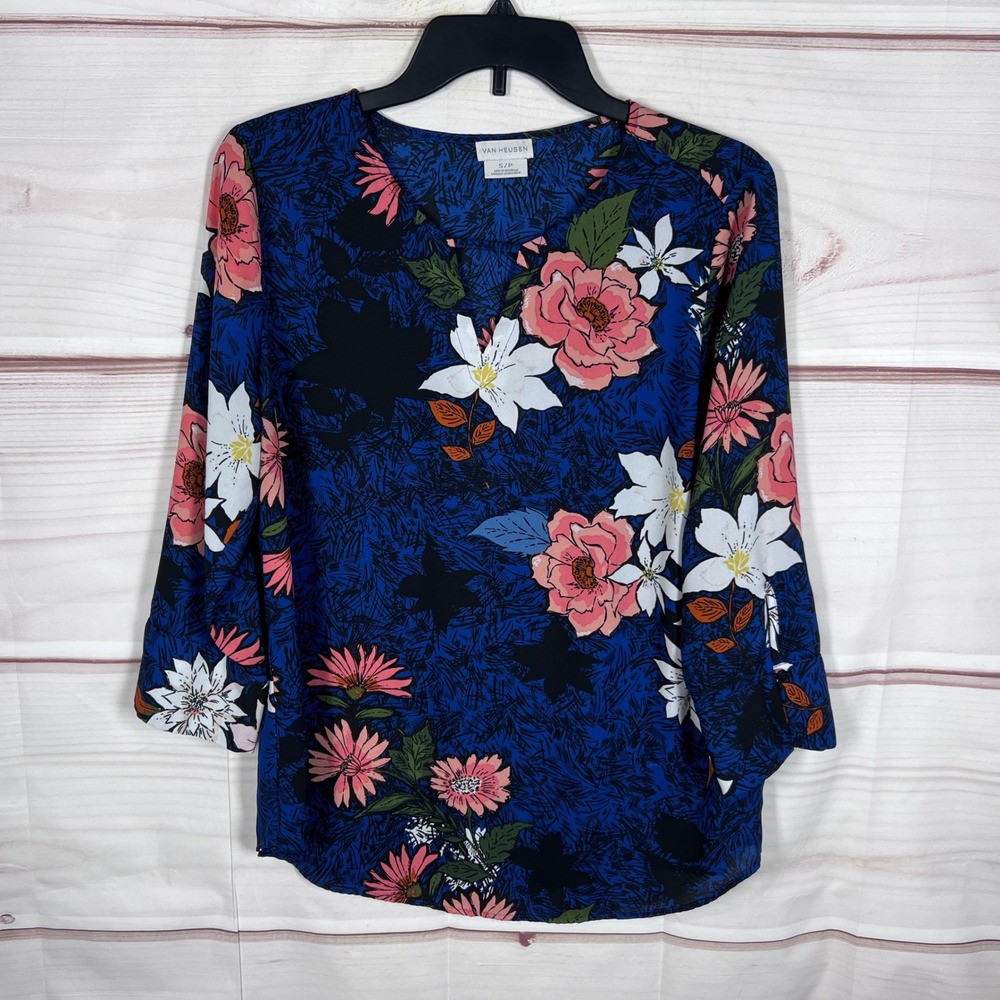 Van Heusen V-Neck Blouse Womens S Blue Floral 3/4 Sleeve Pullover Keyhole Neck